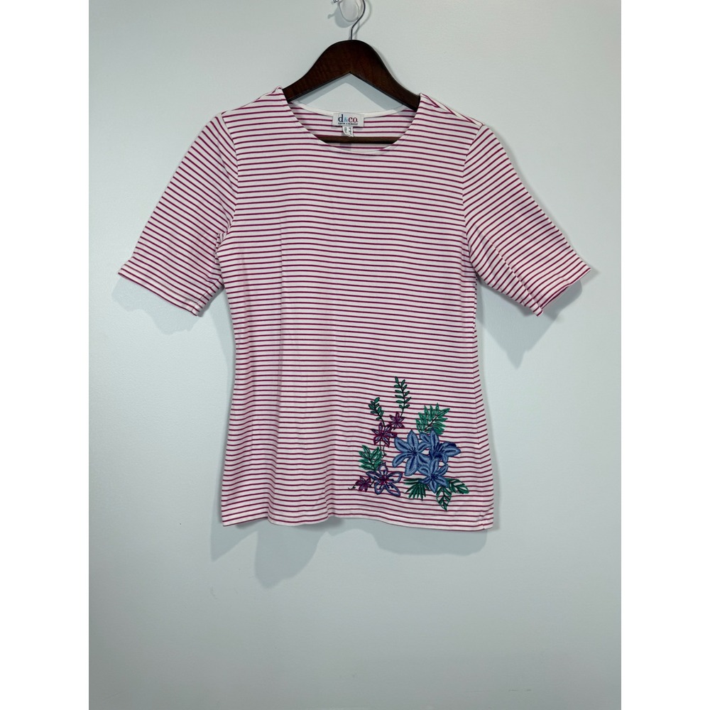 Denim & Co Pink White Striped Floral Embroidered Top XS Short Sleeve A354150